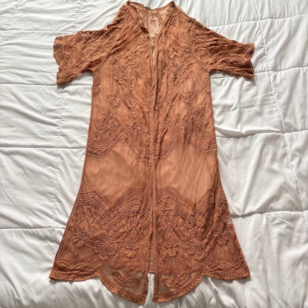 Rust Floral Embroidered Mesh Lace Longline Kimono Duster OS Boho Hippie Fairy